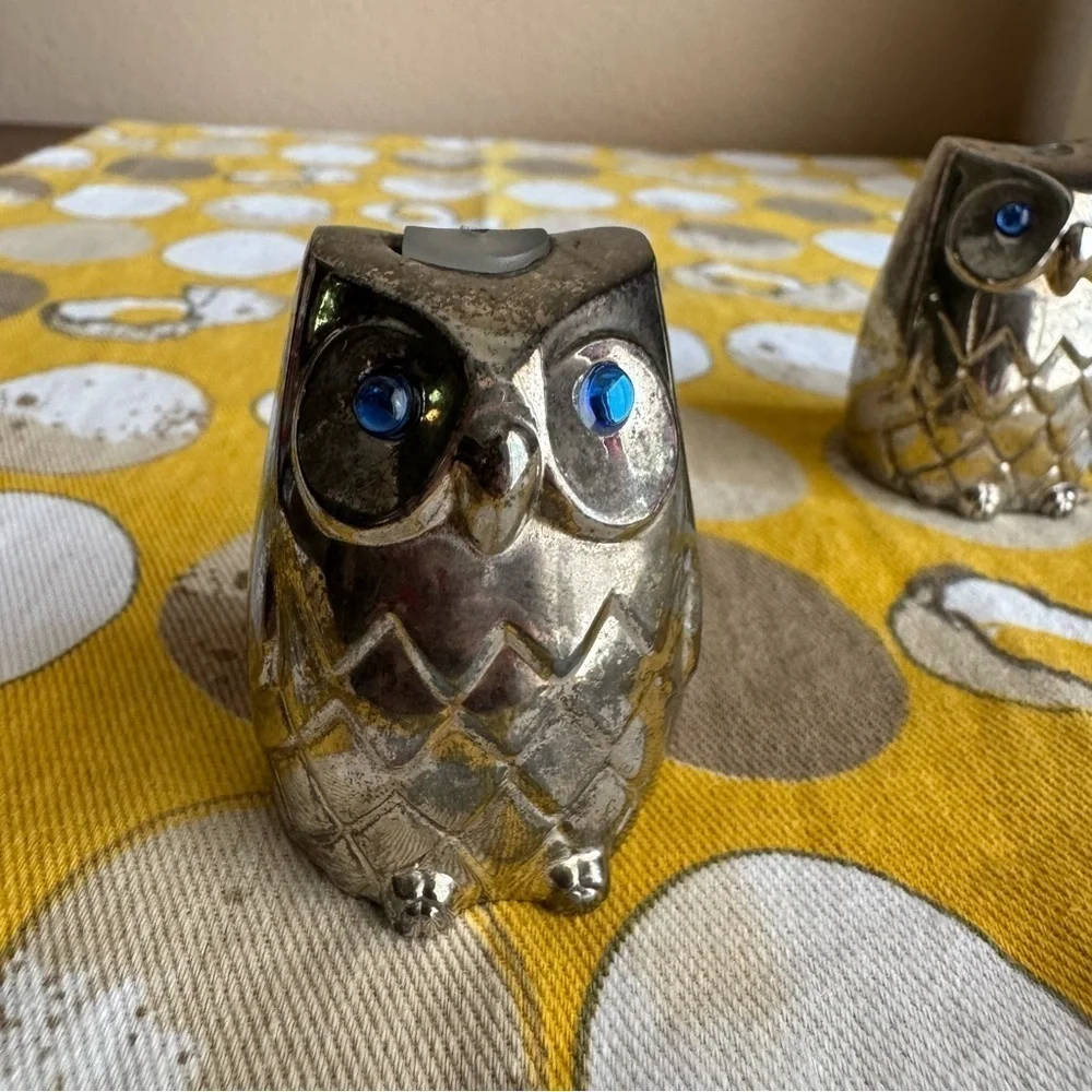 Vintage pewter owl with blue rhinestone eye salt and pepper shaker set